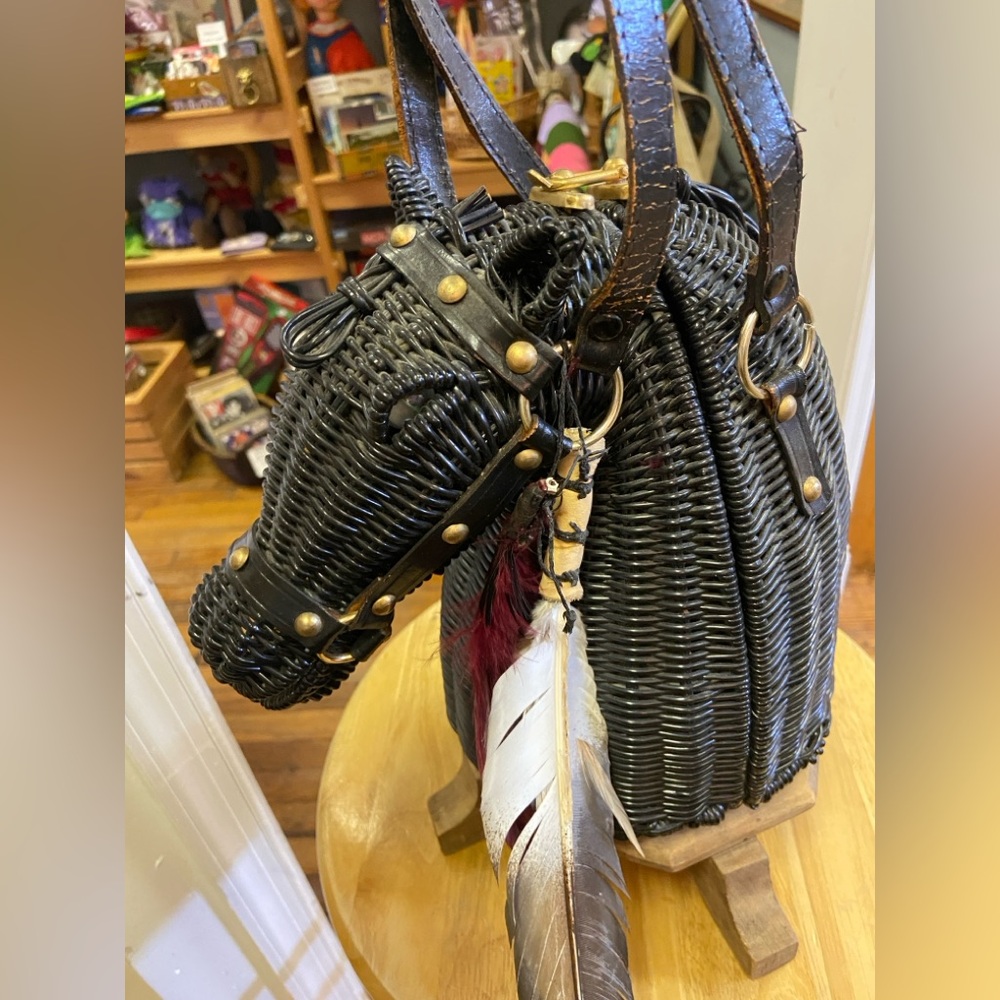 Rare! Vintage Marcus Brothers Black Wicker Horse Head Handbag c.1960/1970